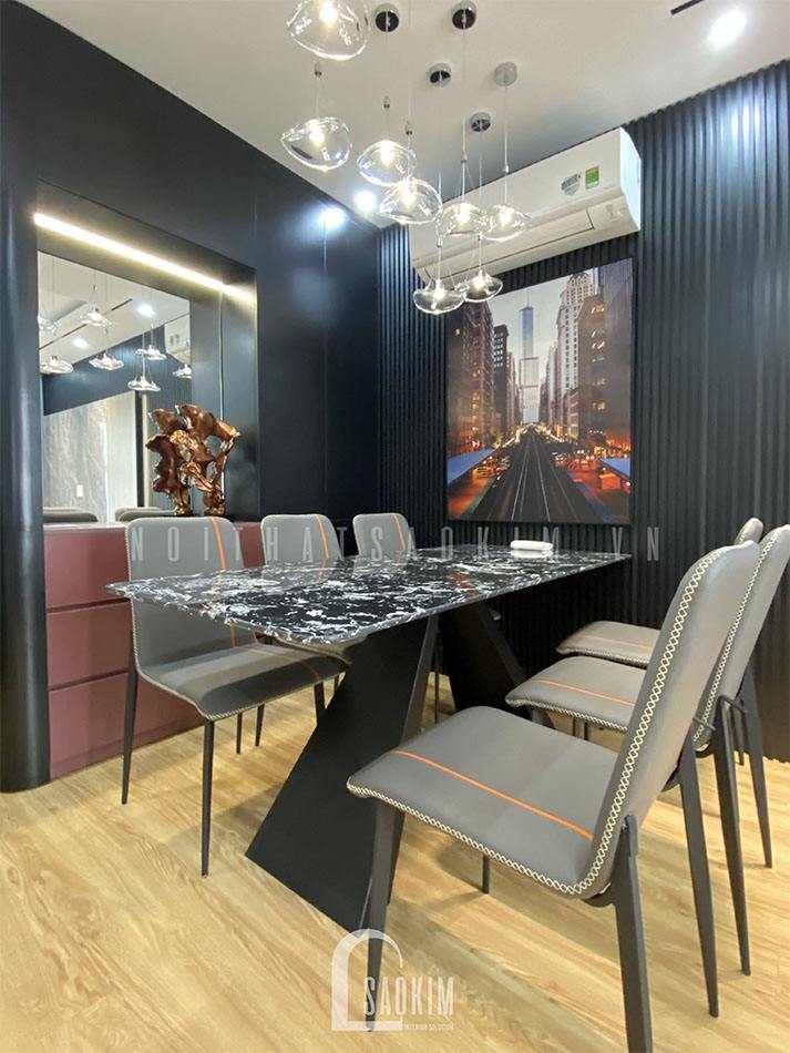 Thiết kế thi công nội thất phòng ăn chung cư trọn gói Lotus Central với gam màu xám, đen làm chủ đạo