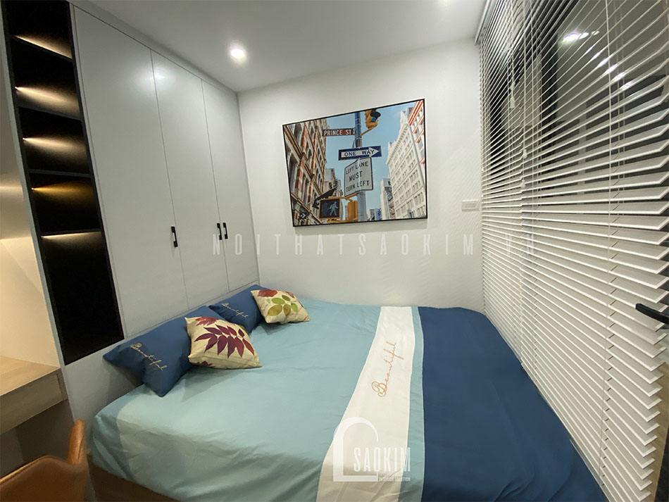 Bộ ga trải giường màu xanh dương tạo cảm giác dễ chịu, sạch sẽ cho phòng ngủ